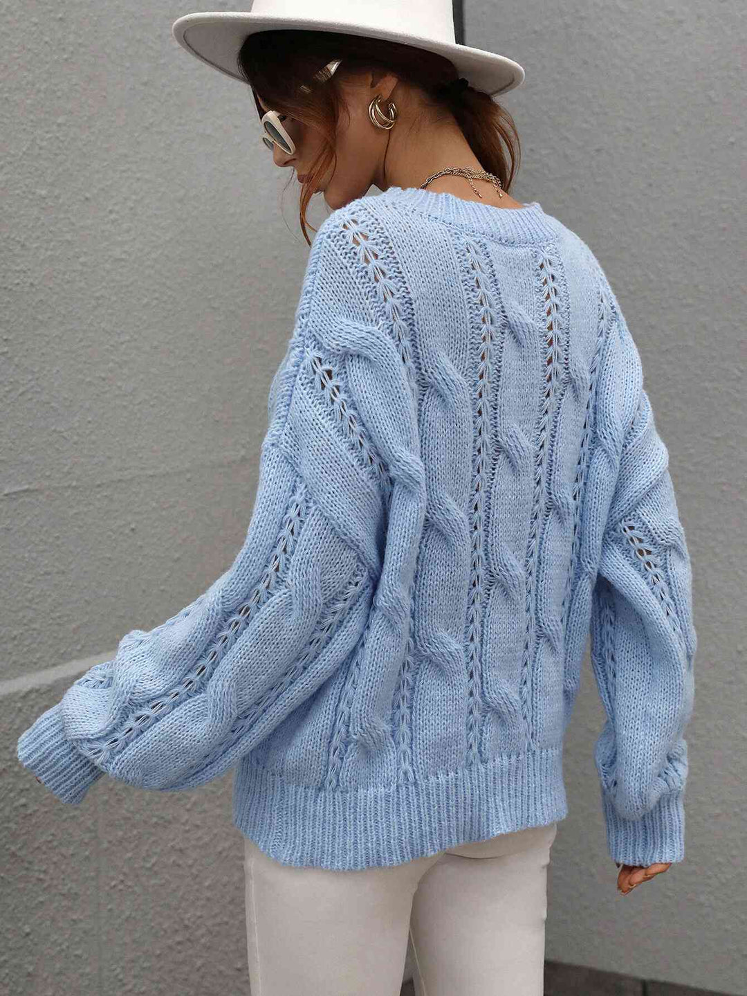 Woven Right Cable-Knit Openwork Round Neck Sweater