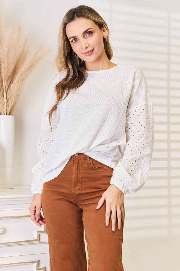 Eyelet Dropped Shoulder Round Neck Blouse