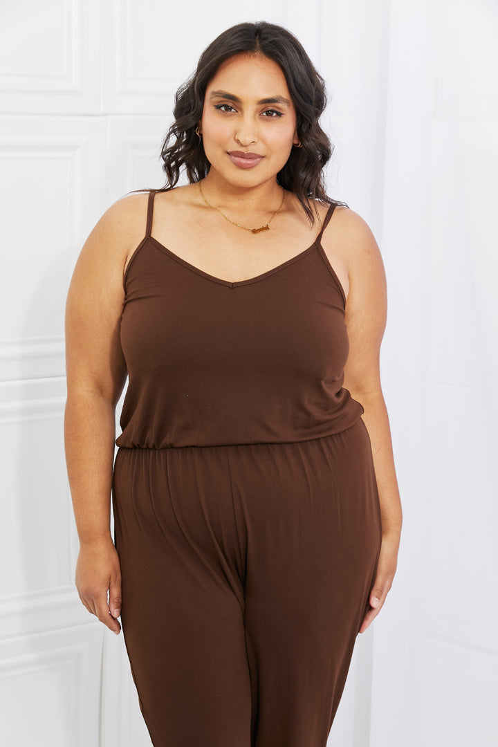 Comfy Casual Full Size Solid Elastic Waistband Jumpsuit in Chocolate