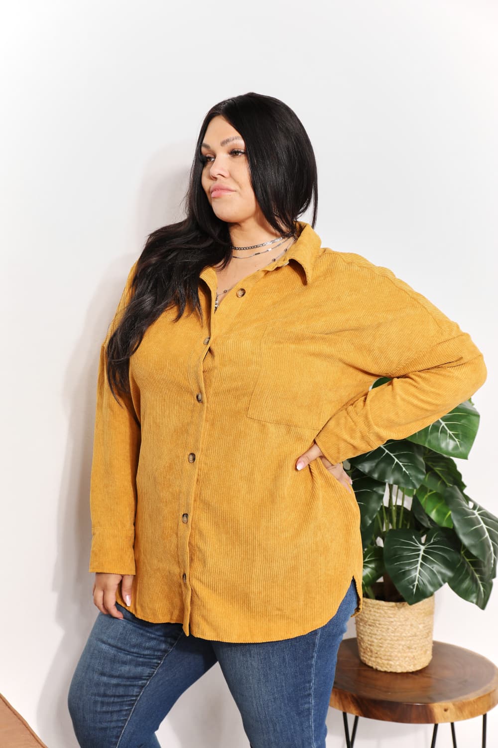 Full Size Oversized Corduroy  Button-Down Tunic Shirt with Bust Pocket