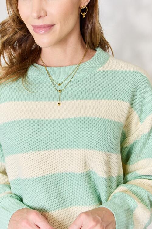 Full Size Contrast Striped Round Neck Sweater