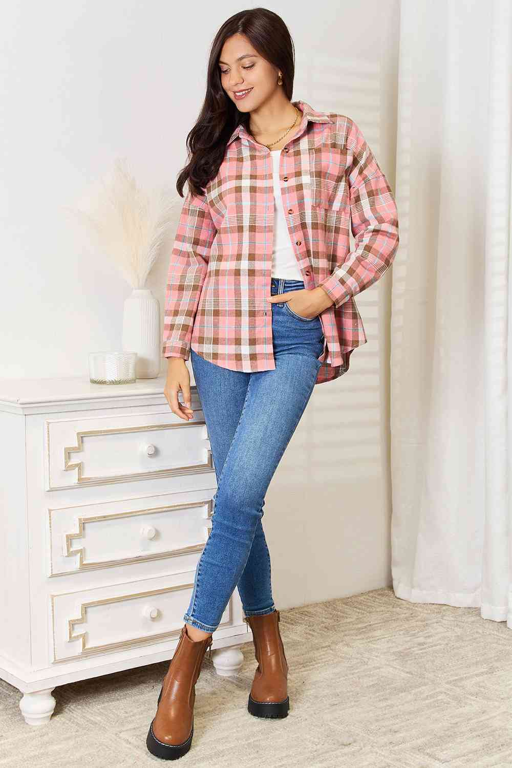 Plaid Collared Neck Long Sleeve Button-Up Shirt