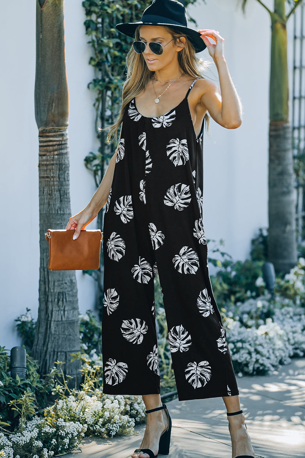 Botanical Print Spaghetti Strap Cropped Jumpsuit