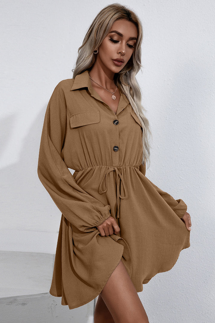 Collared Tie Waist Button Up Shirt Dress