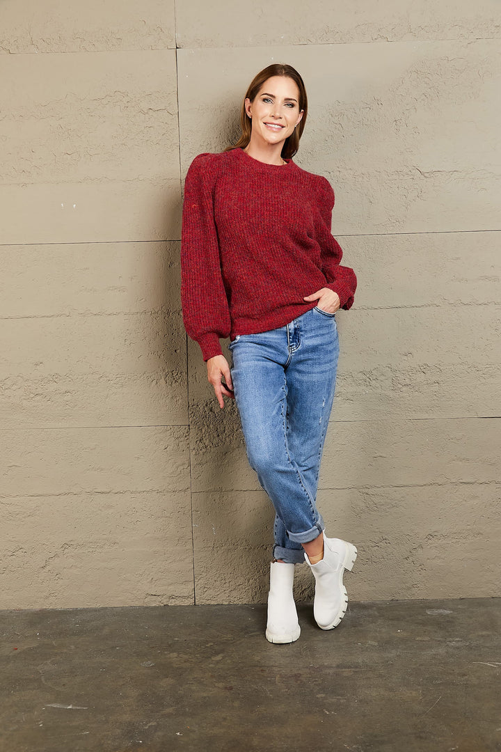 Heathered Long Lantern Sleeve Rib-Knit Sweater