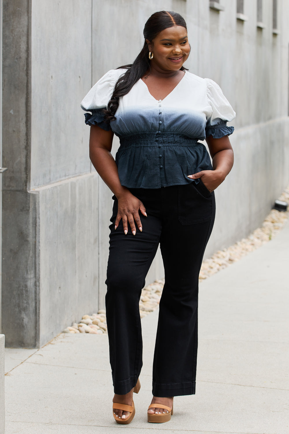 Full Size Smocked Waist Ombre Woven Top