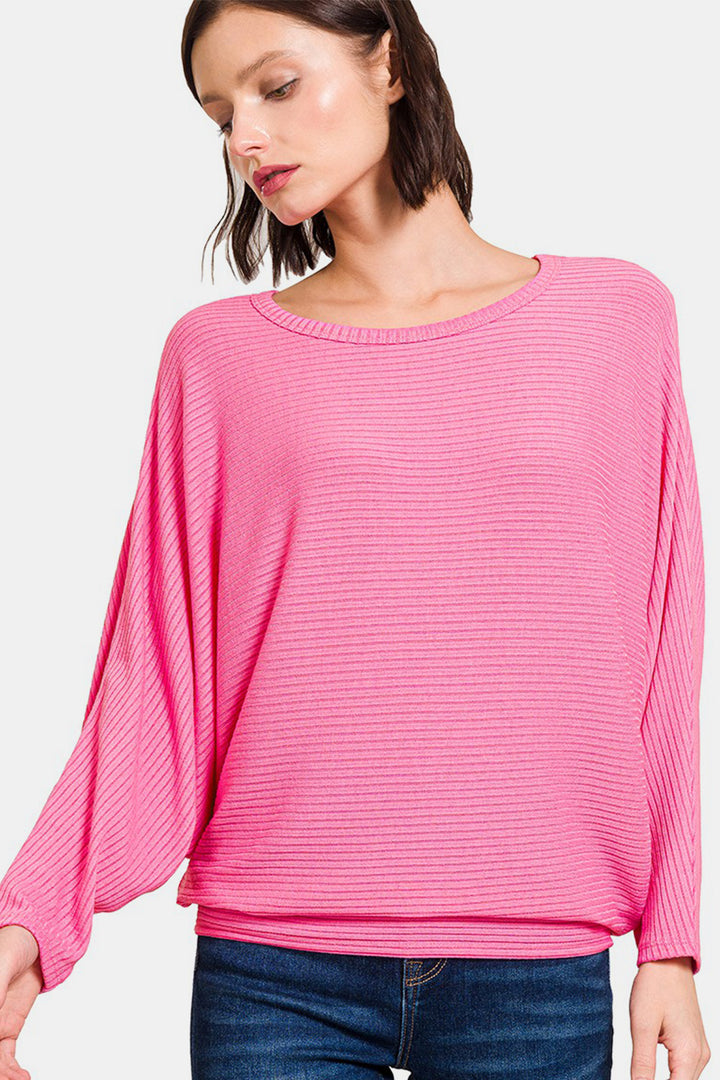 Ribbed Round Neck Long Sleeve Top