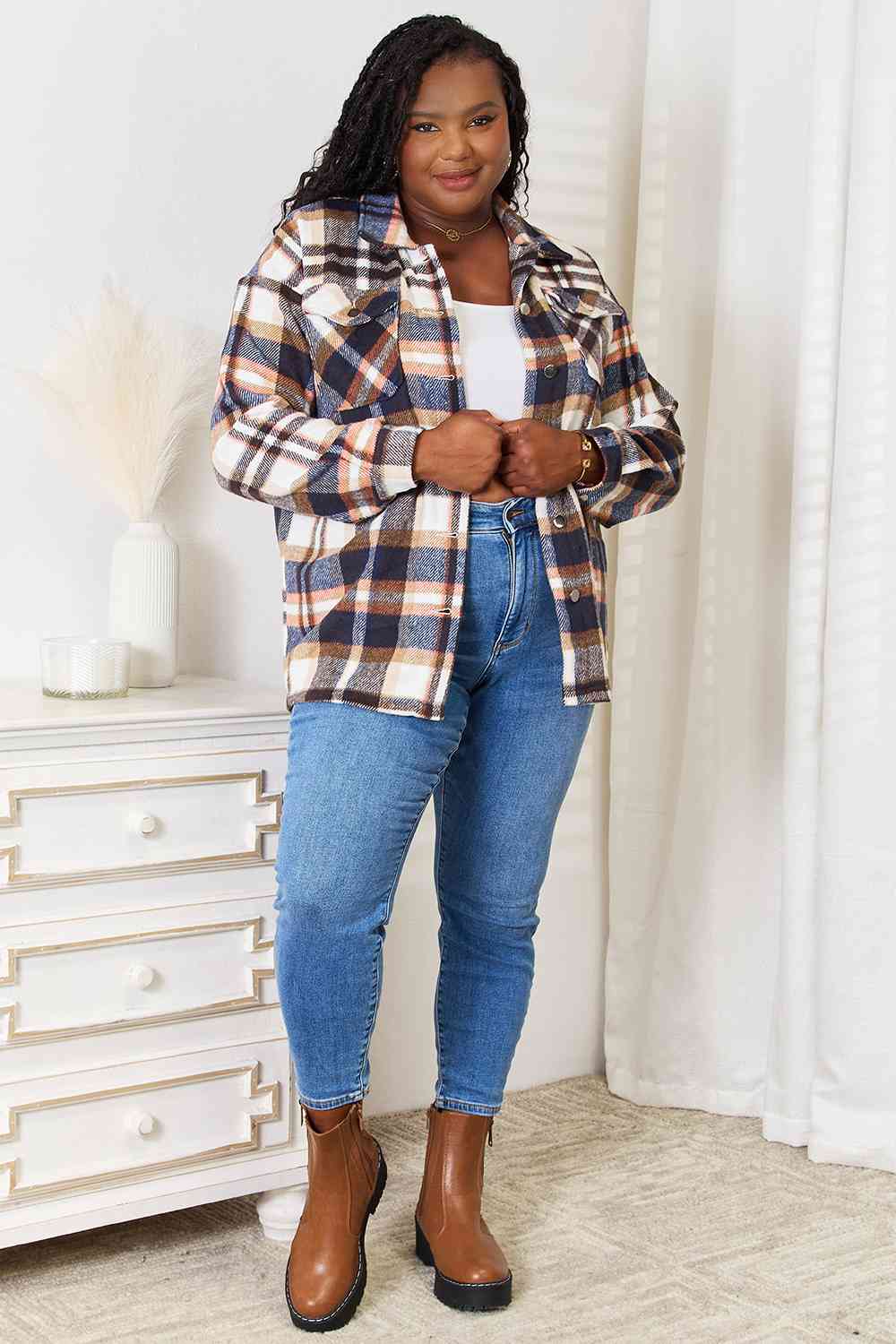 Plaid Button Front Shirt Jacket with Breast Pockets