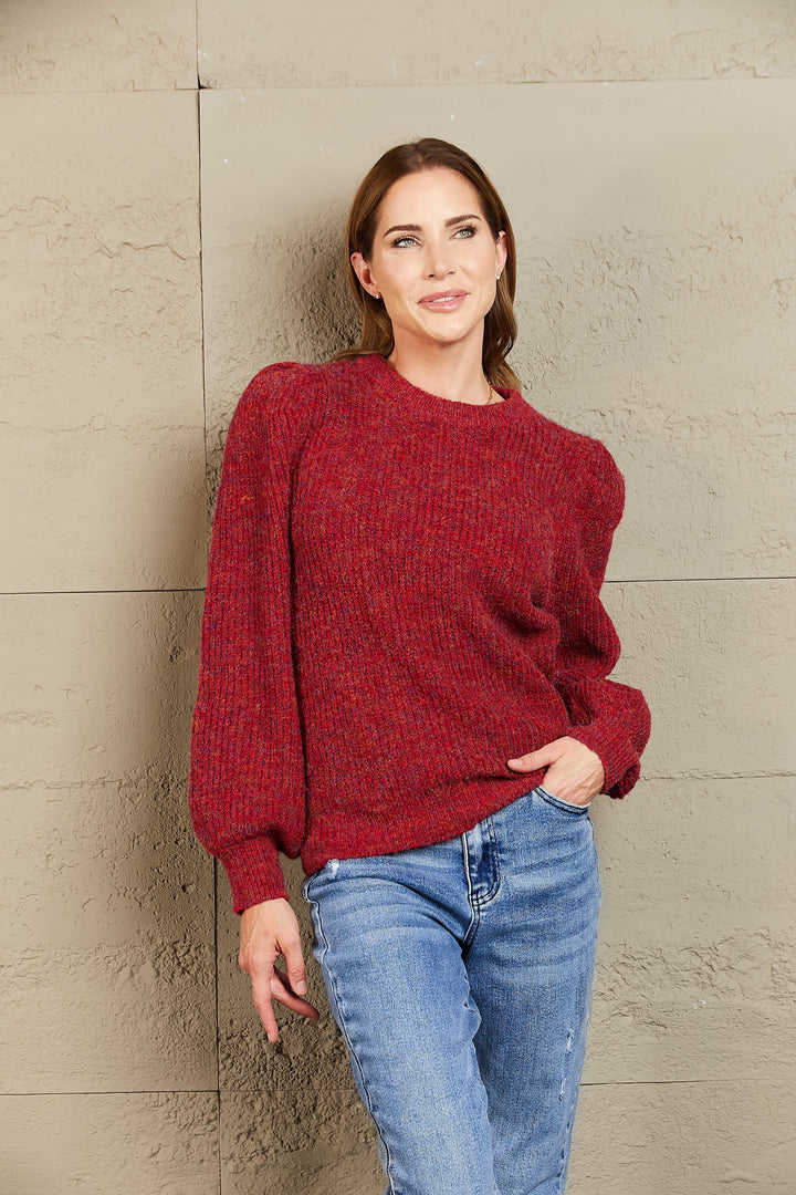 Heathered Long Lantern Sleeve Rib-Knit Sweater