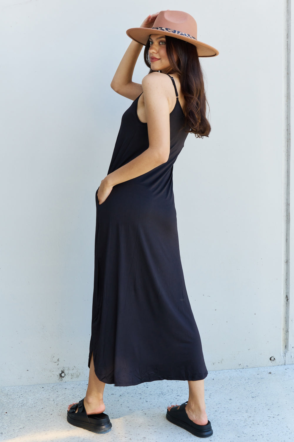 Good Energy Full Size Cami Side Slit Maxi Dress in Black