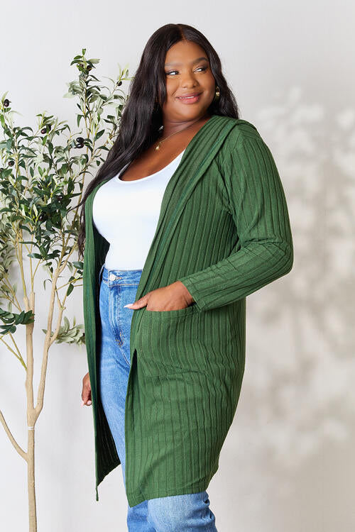 Full Size Ribbed Open Front Long Sleeve Cardigan