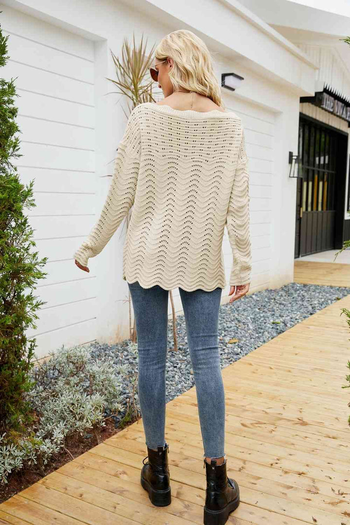 Woven Right Scalloped Boat Neck Openwork Tunic Sweater