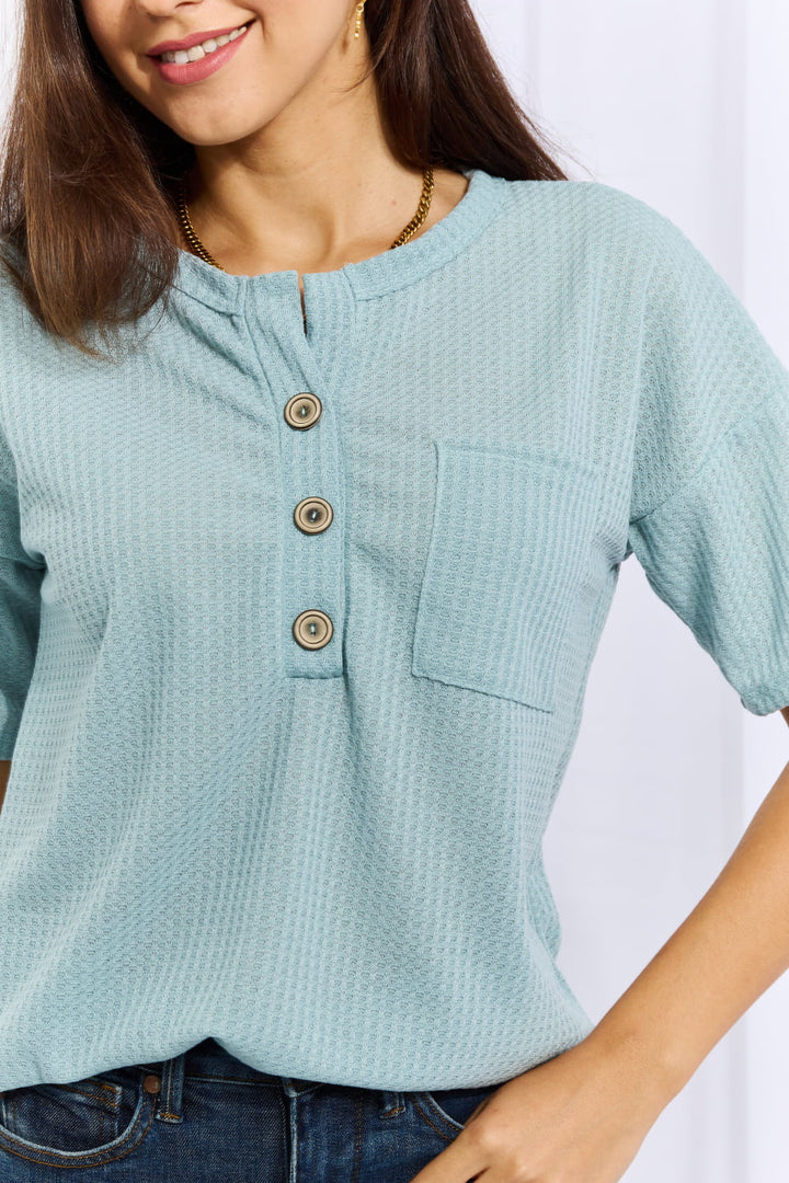 Made For You Full Size 1/4 Button Down Waffle Top in Blue