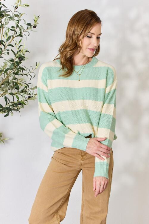 Full Size Contrast Striped Round Neck Sweater