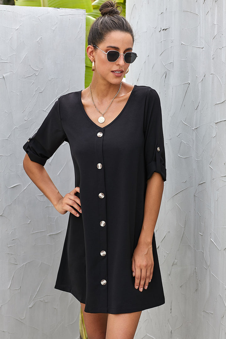 Buttoned V-Neck Dress