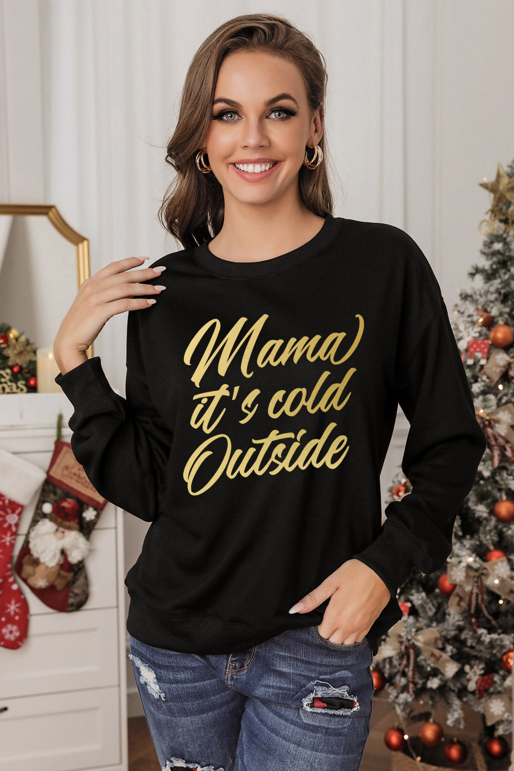 MAMA IT'S COLD OUTSIDE Graphic Dropped Shoulder Sweatshirt
