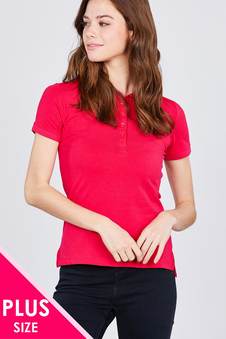 Classic Jersey Spandex Polo Top in Hot Pink