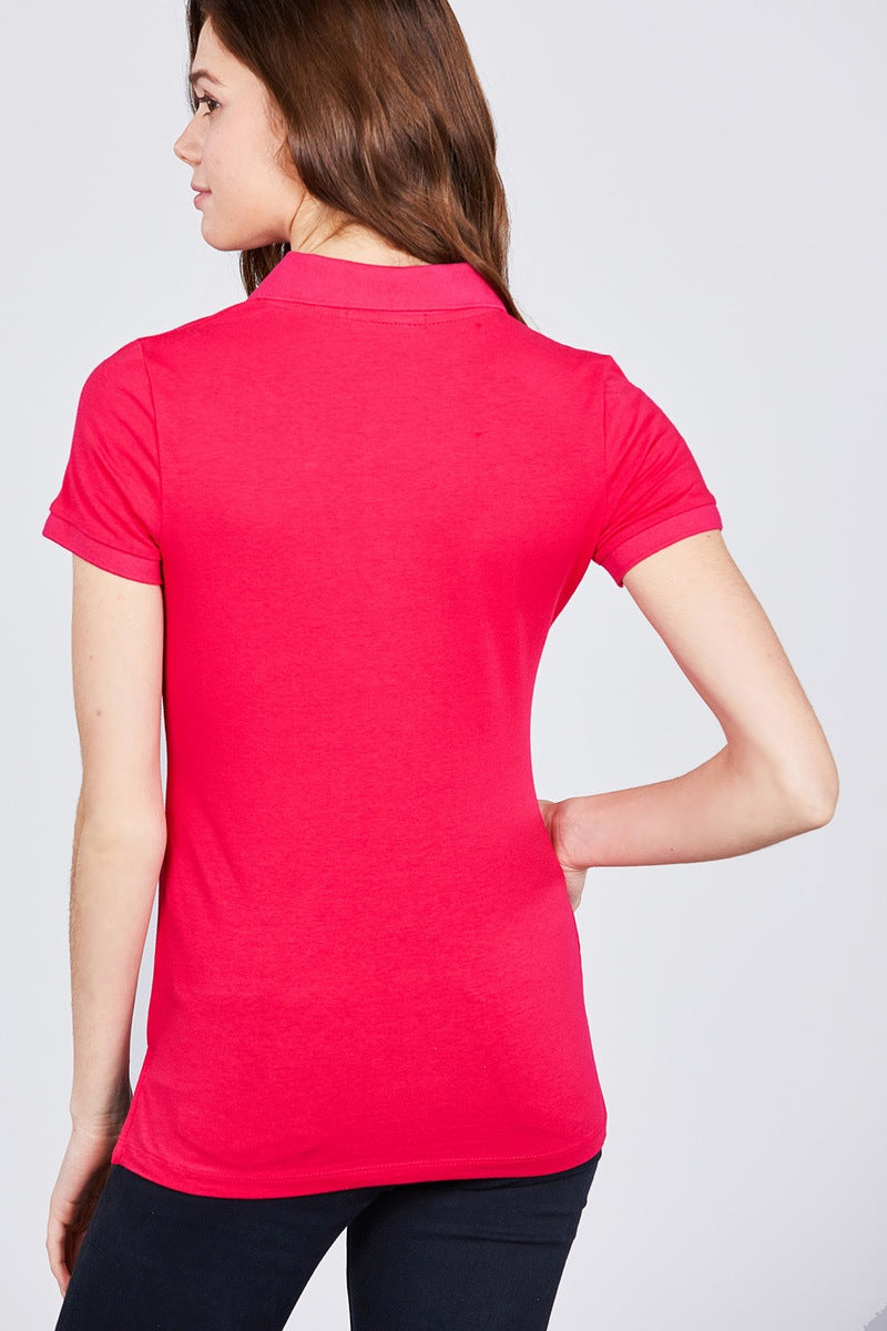 Classic Jersey Spandex Polo Top in Hot Pink