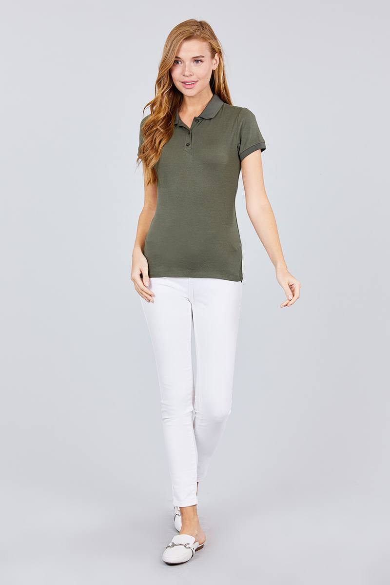 Classic Pique Spandex Polo Top in New Olive