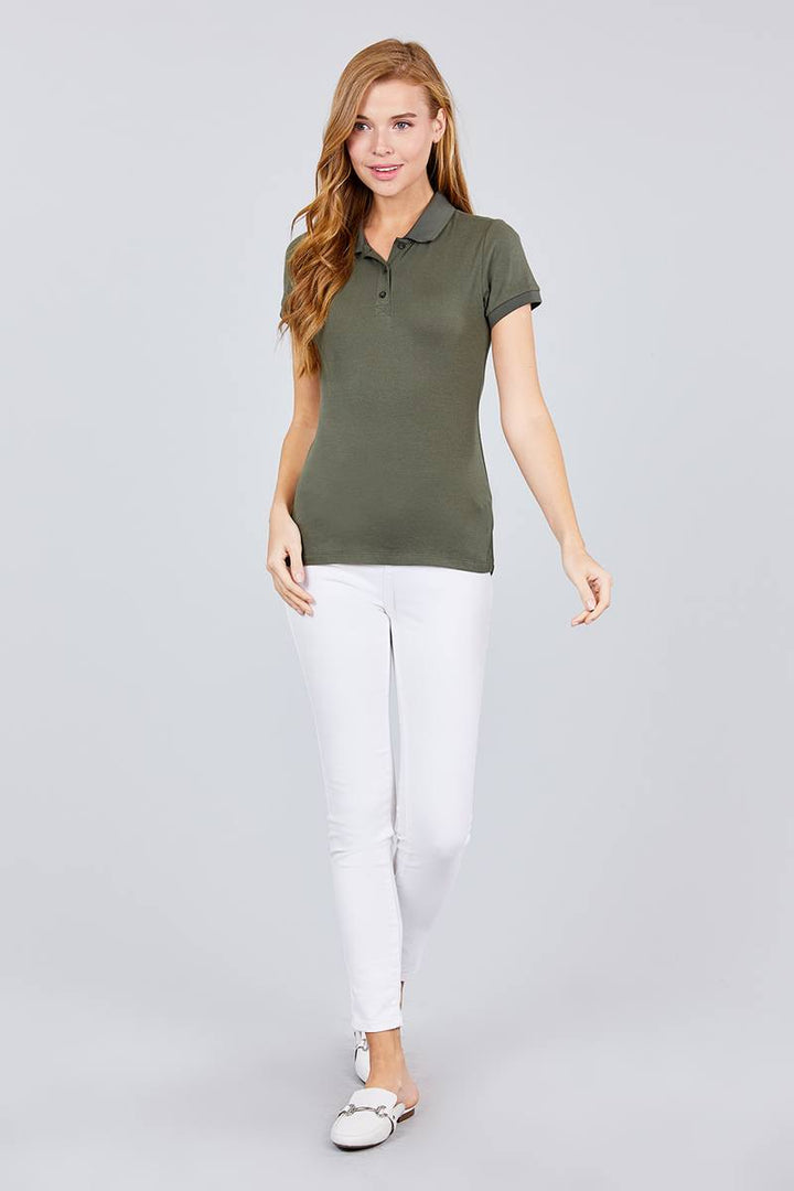 Classic Pique Spandex Polo Top in New Olive