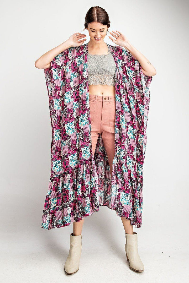 Rayon Challis Ruffle Bottom Maxi Open Kimono in Hot Pink/Multi Color