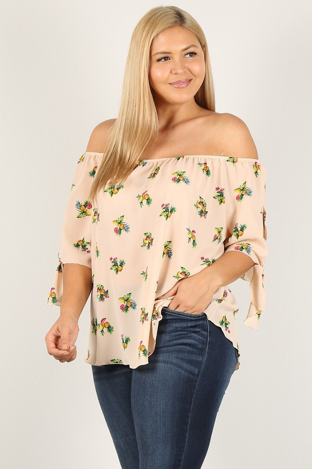 Plus Size Floral Print Top Off Shoulder Sleeve in Blush