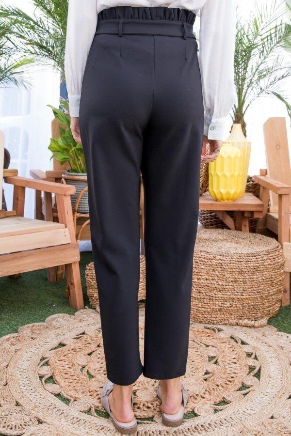 Ruffle High Waist Belt Side Pocket Front Zipper Solid Pants in Black