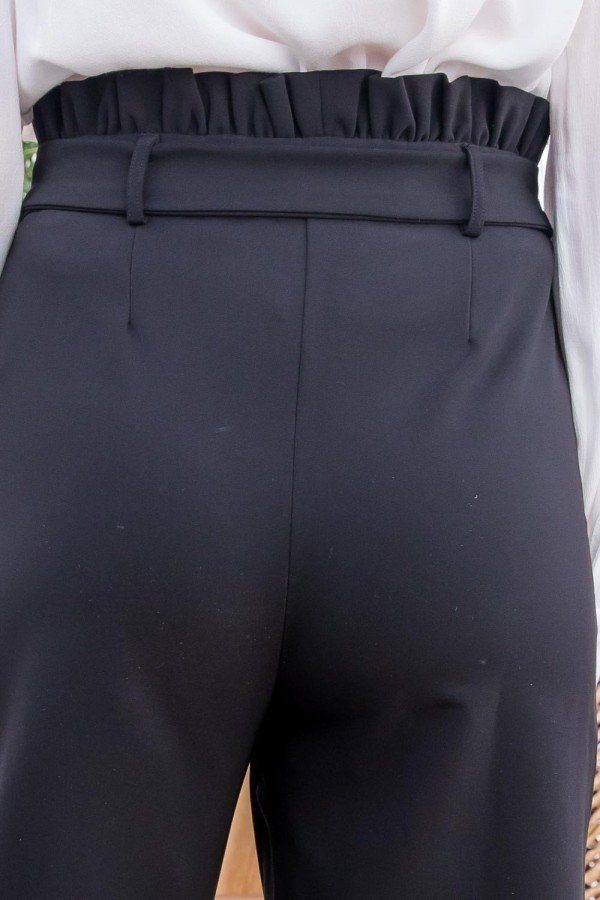 Ruffle High Waist Belt Side Pocket Front Zipper Solid Pants in Black