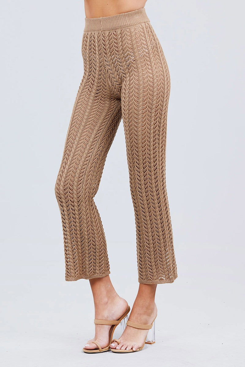 Flare Long Fishnet Sweater Pants in Khaki