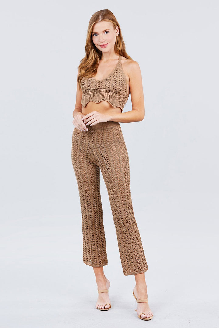 Flare Long Fishnet Sweater Pants in Khaki