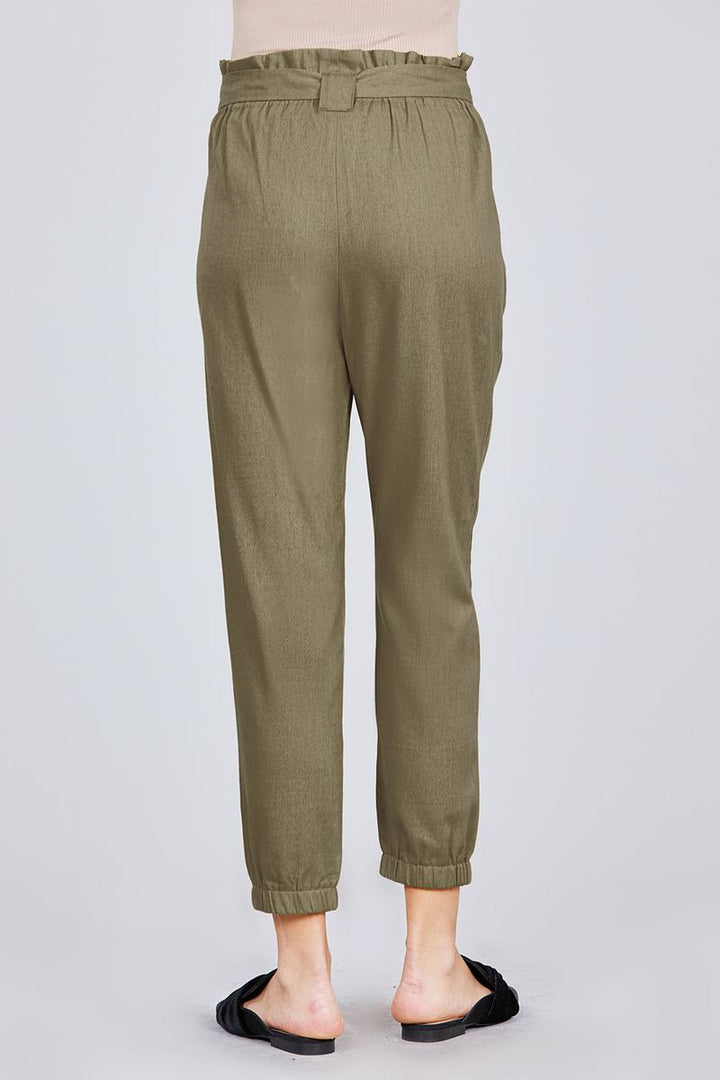 Paperbag with Bow Tie Elastic Hem Long Linen Pants in Olive