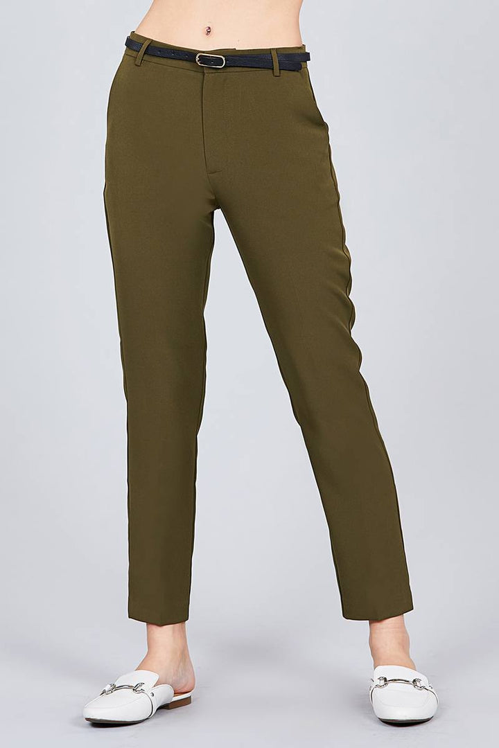 Ladies Long Pants for Office Work Casual Classic Woven Pants with Belt in Olive