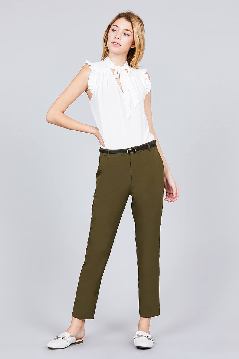 Ladies Long Pants for Office Work Casual Classic Woven Pants with Belt in Olive
