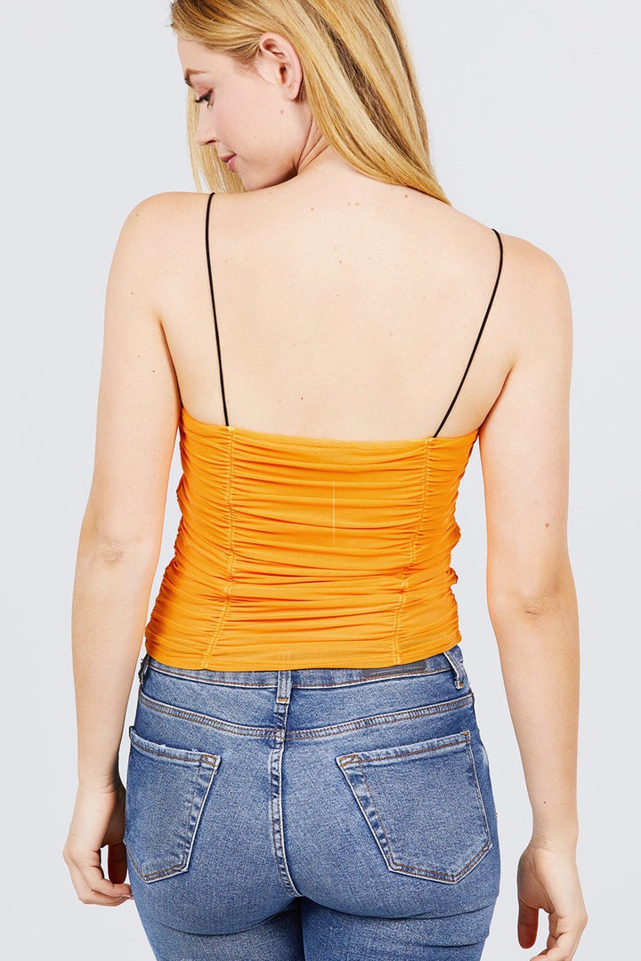 V-neck W/shirring Detail Elastic Strap Mesh Cami Top in Bright Orange