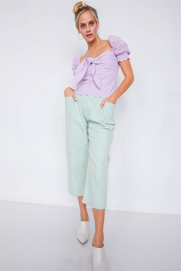 Pastel Chic Solid Ankle Wide Leg Adjustable Snap Waist Pants in Sage