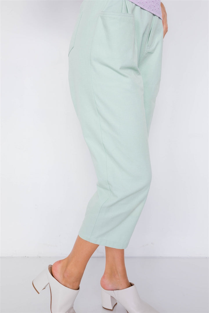 Pastel Chic Solid Ankle Wide Leg Adjustable Snap Waist Pants in Sage