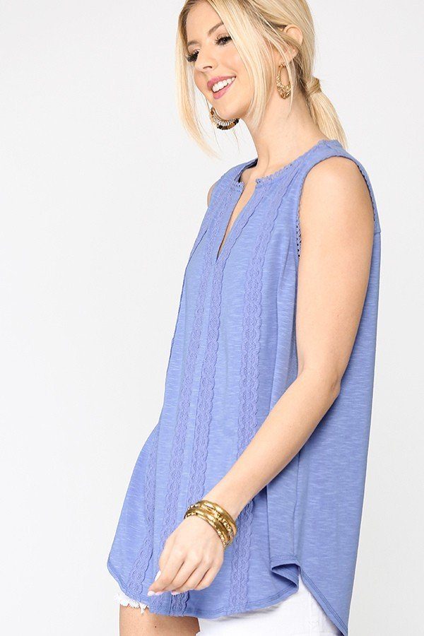 Sleeveless Lace Trim Tunic Top With Scoop Hem in Denim Blue