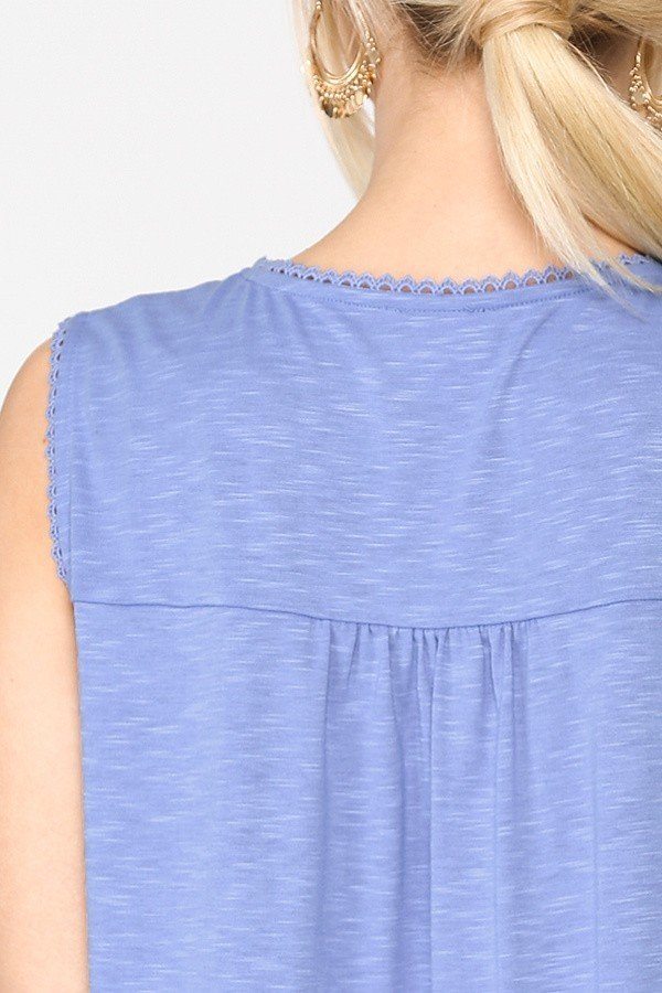 Sleeveless Lace Trim Tunic Top With Scoop Hem in Denim Blue
