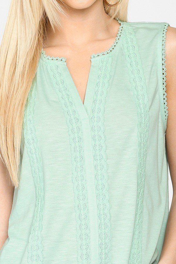 Sleeveless Lace Trim Tunic Top With Scoop Hem in Dusty Mint