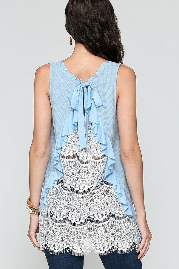 Sleeveless Back Lace Ruffle Detail Tank Top in Light Blue