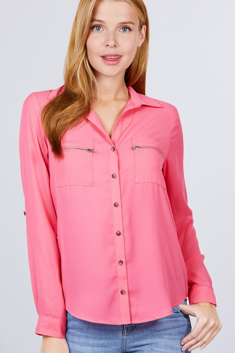 Ladies Tops 3/4 Roll Up Sleeve Pocket with Zipper Detail Woven Blouse in Pink