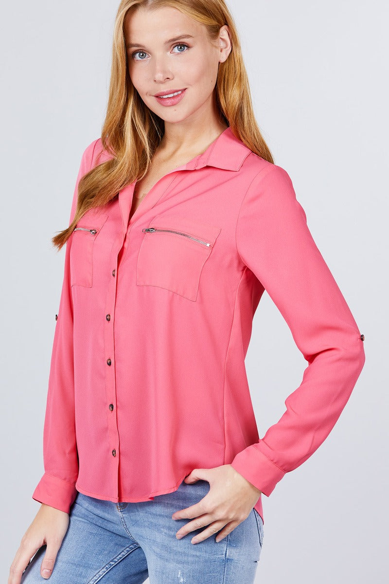 Ladies Tops 3/4 Roll Up Sleeve Pocket with Zipper Detail Woven Blouse in Pink