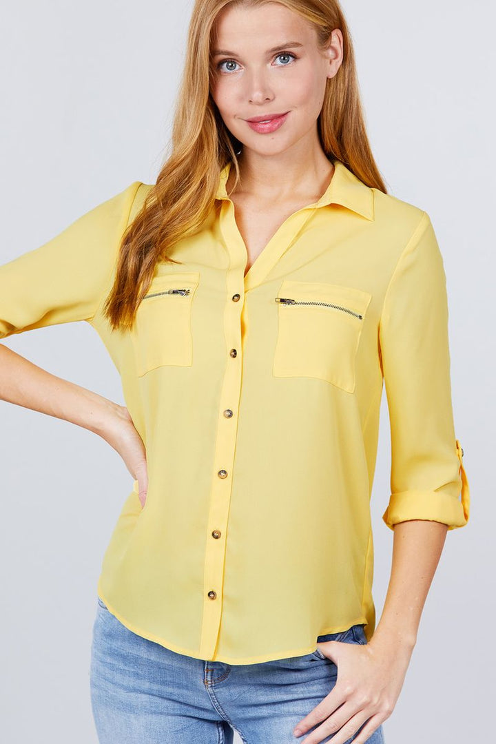 Ladies Tops 3/4 Roll Up Sleeve Pocket with Zipper Detail Woven Blouse in Yellow