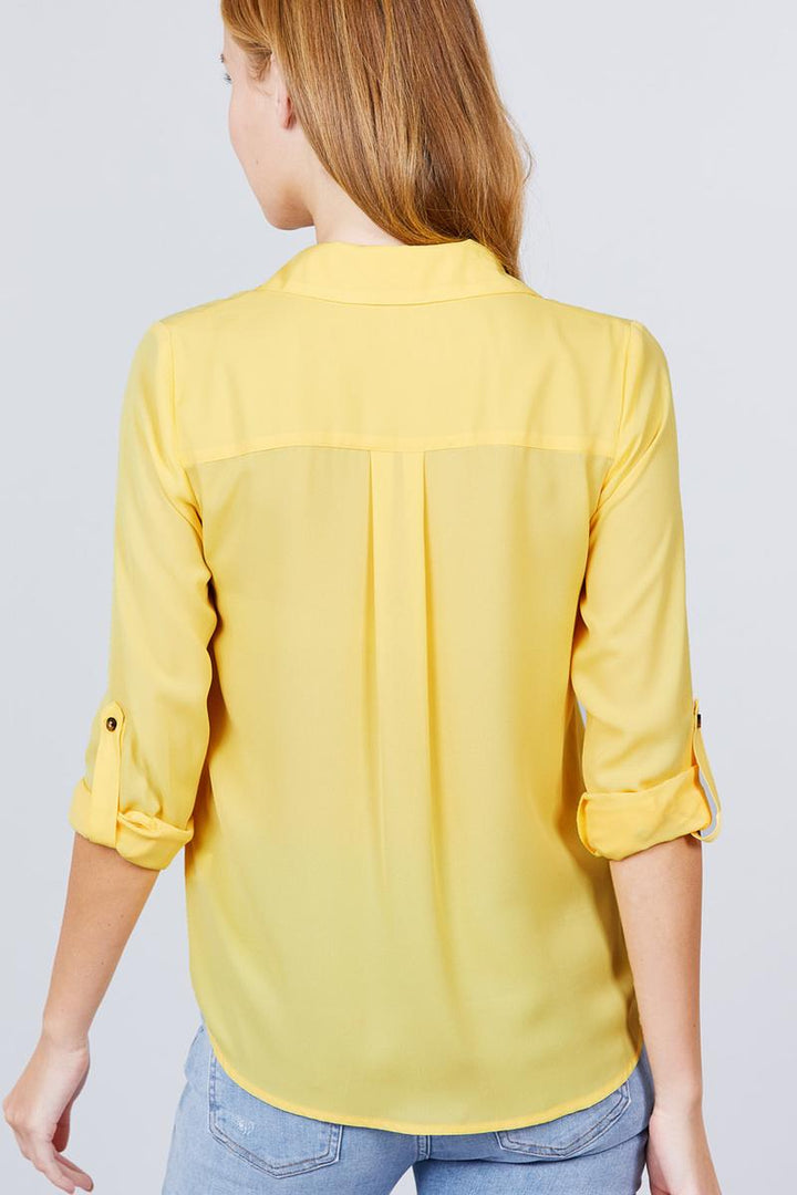 Ladies Tops 3/4 Roll Up Sleeve Pocket with Zipper Detail Woven Blouse in Yellow
