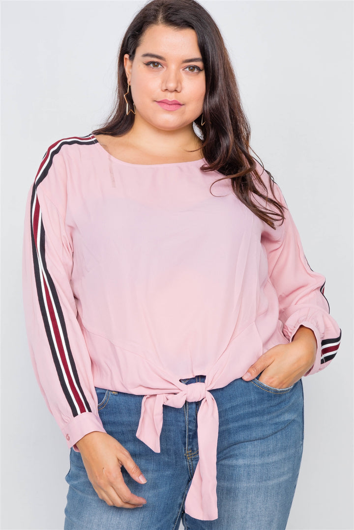 Plus Size Color Block Sleeve Front Knot Semi-sheer Top in Pink