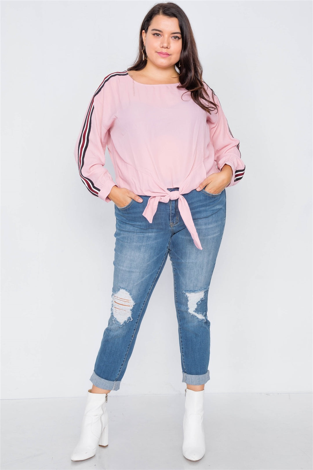 Plus Size Color Block Sleeve Front Knot Semi-sheer Top in Pink