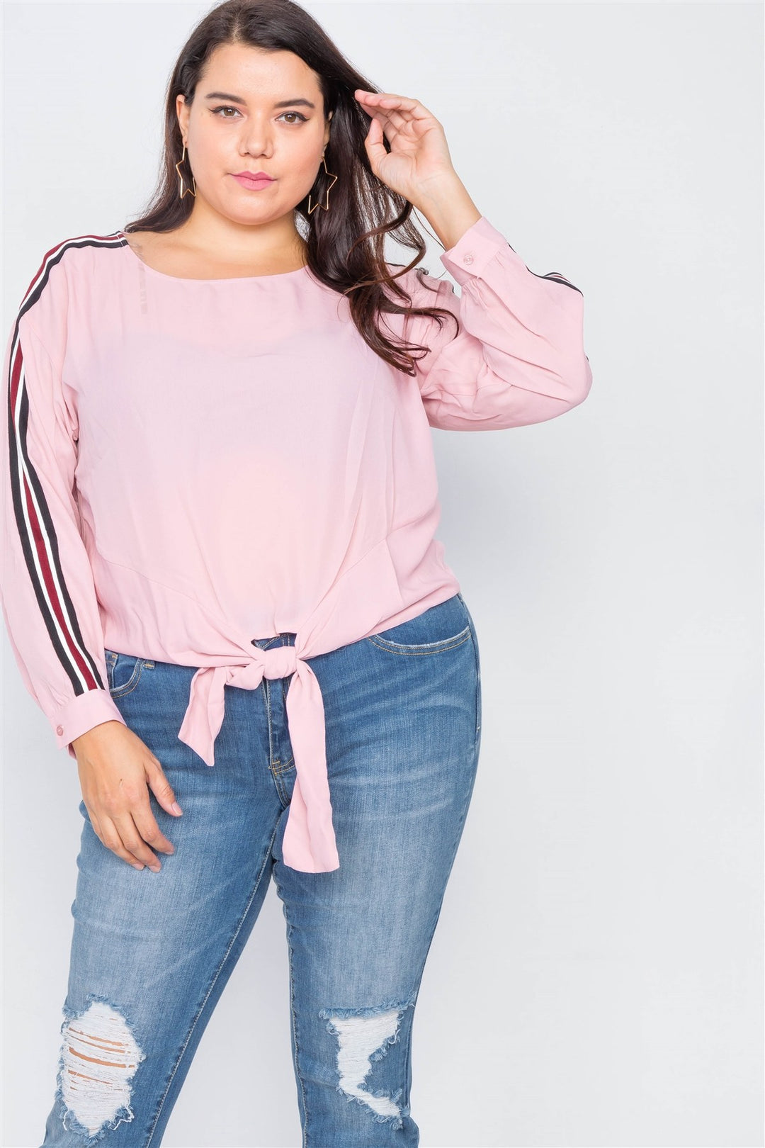 Plus Size Color Block Sleeve Front Knot Semi-sheer Top in Pink