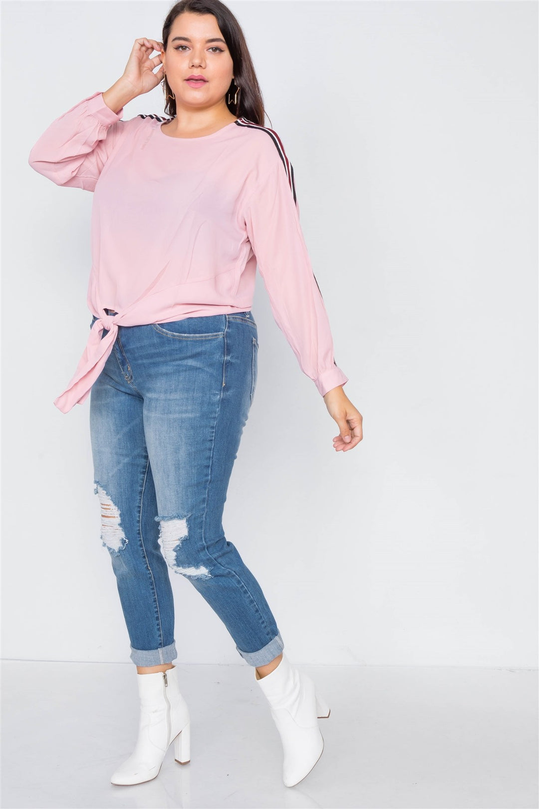 Plus Size Color Block Sleeve Front Knot Semi-sheer Top in Pink