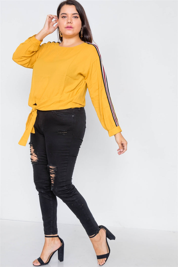 Plus Size Color Block Sleeve Front Knot Semi-sheer Top in Mustard
