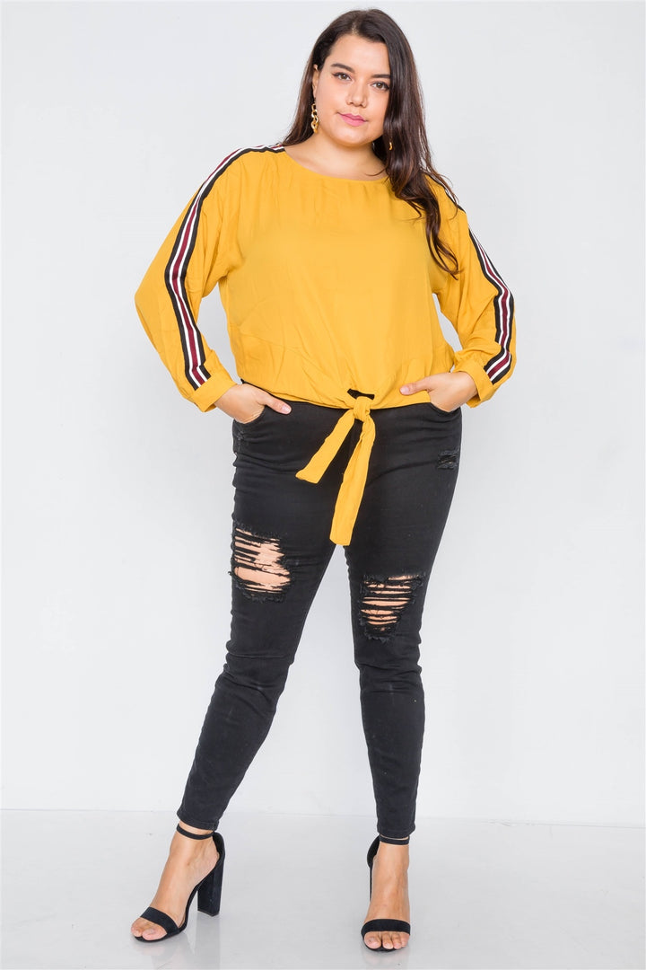 Plus Size Color Block Sleeve Front Knot Semi-sheer Top in Mustard